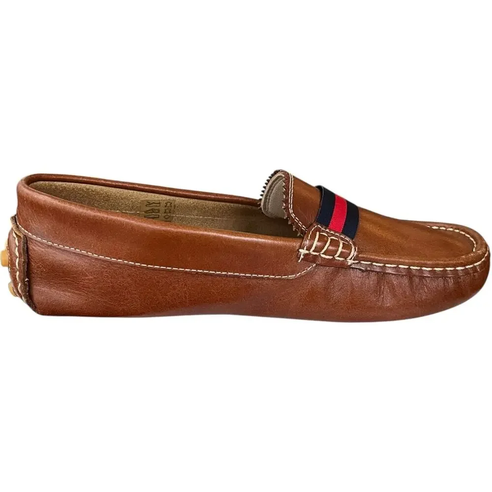 Elephantito Leather Club Loafer Natural Brown Navy Red Ribbon Boy's Size 2